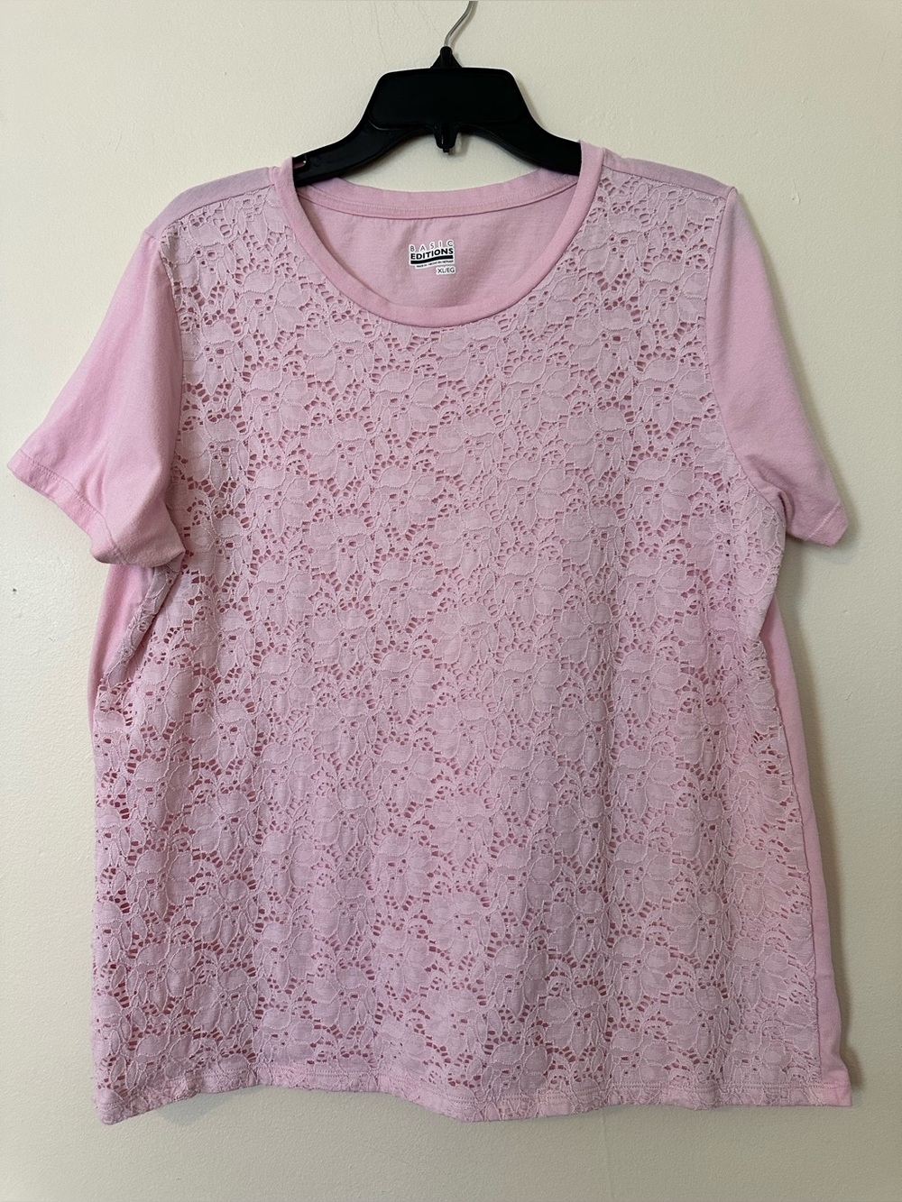 Basic Editions Pink Short Sleeve Lace Front Tee